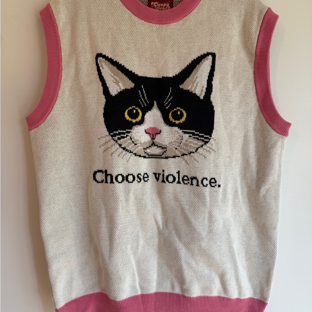 Playful Cat Graphic Sweater Vest - Pink and White